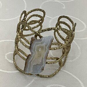 Hammered Brass Cuff Bracelet With Natural Agate Stone Accent